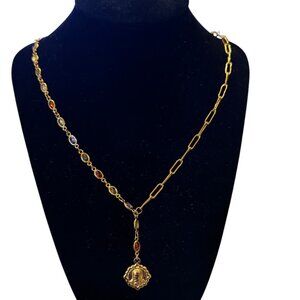 LOGAN TAY Gold Medallion Y Necklace with Multicolor Stones